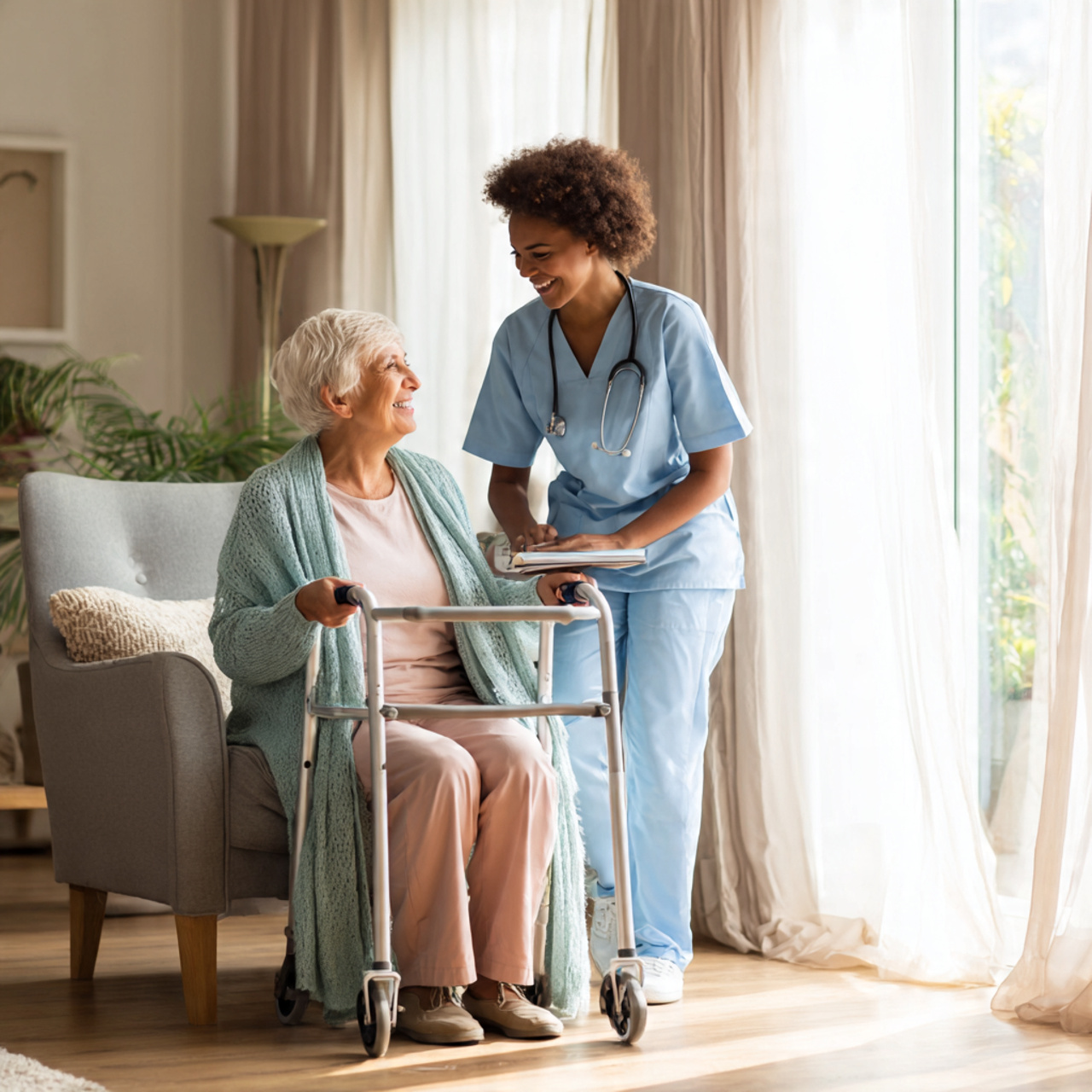 Caregiver supporting an elderly client at home