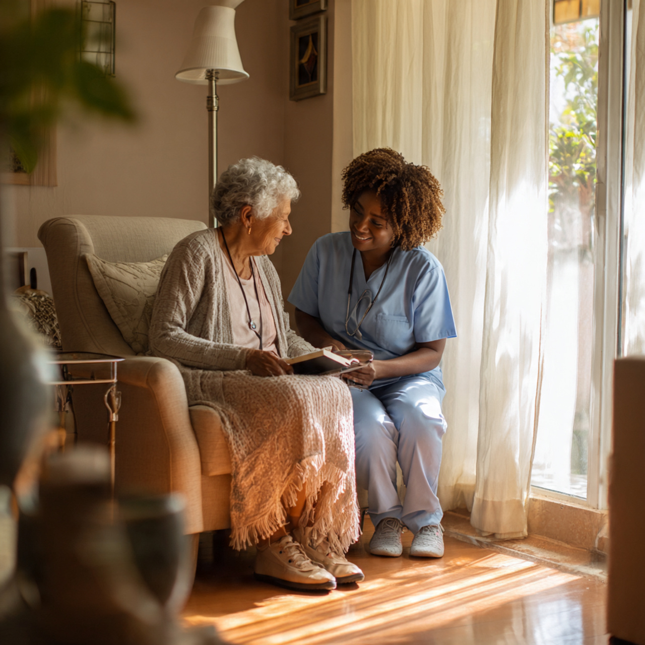 Caregiver helping a senior in a home environment